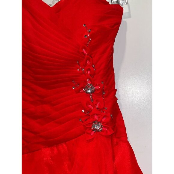 JJ'S House Red Strapless Ruffled Floral Rhinestone Accents Women's Mini Dress Si - Picture 4 of 9